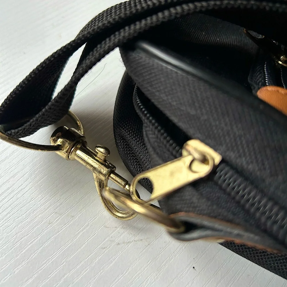 EUC black messenger tote adjustable shoulder strap handles gold hardware